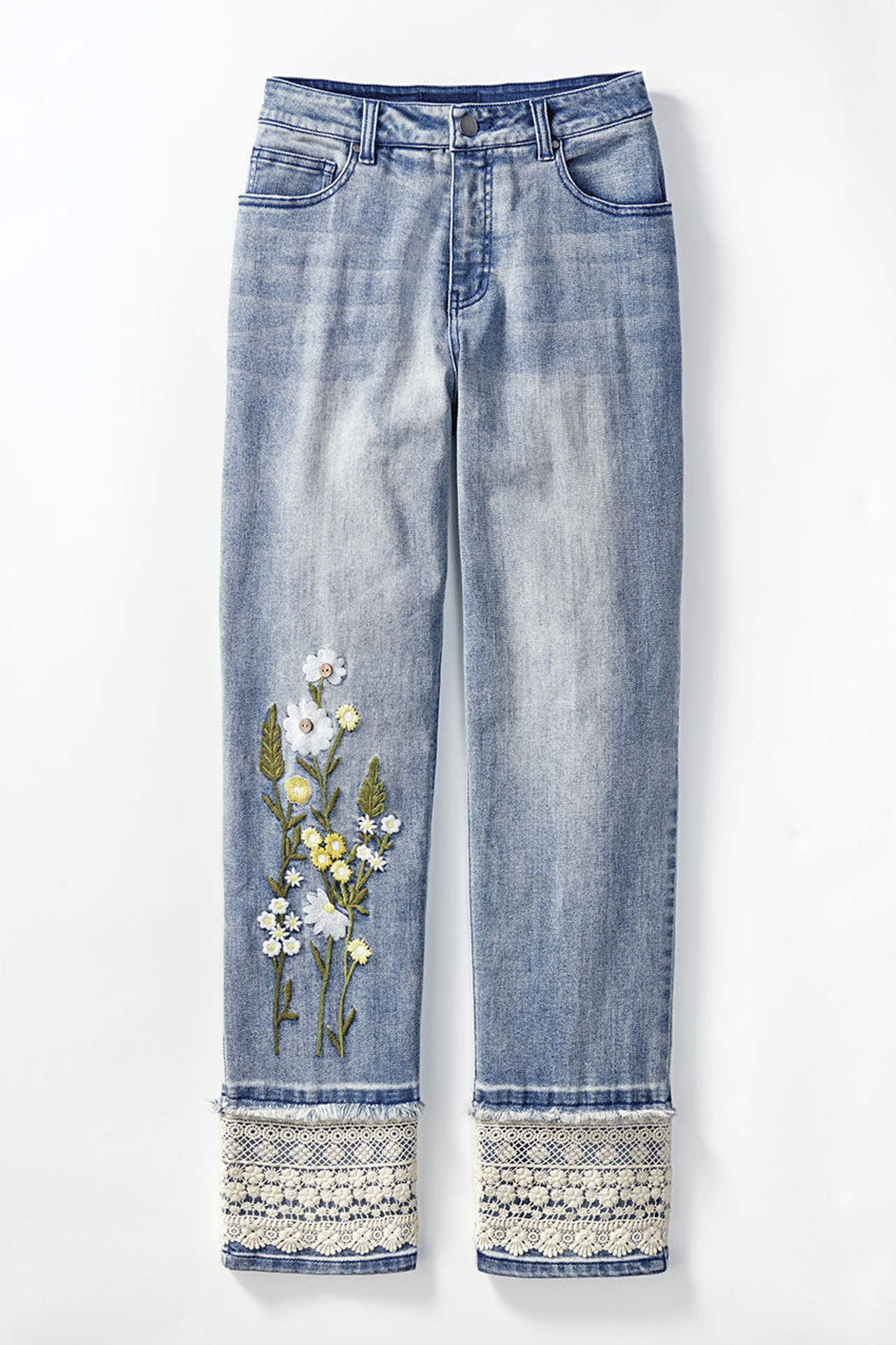 Embroidered Loose Fit Turn Up Jeans