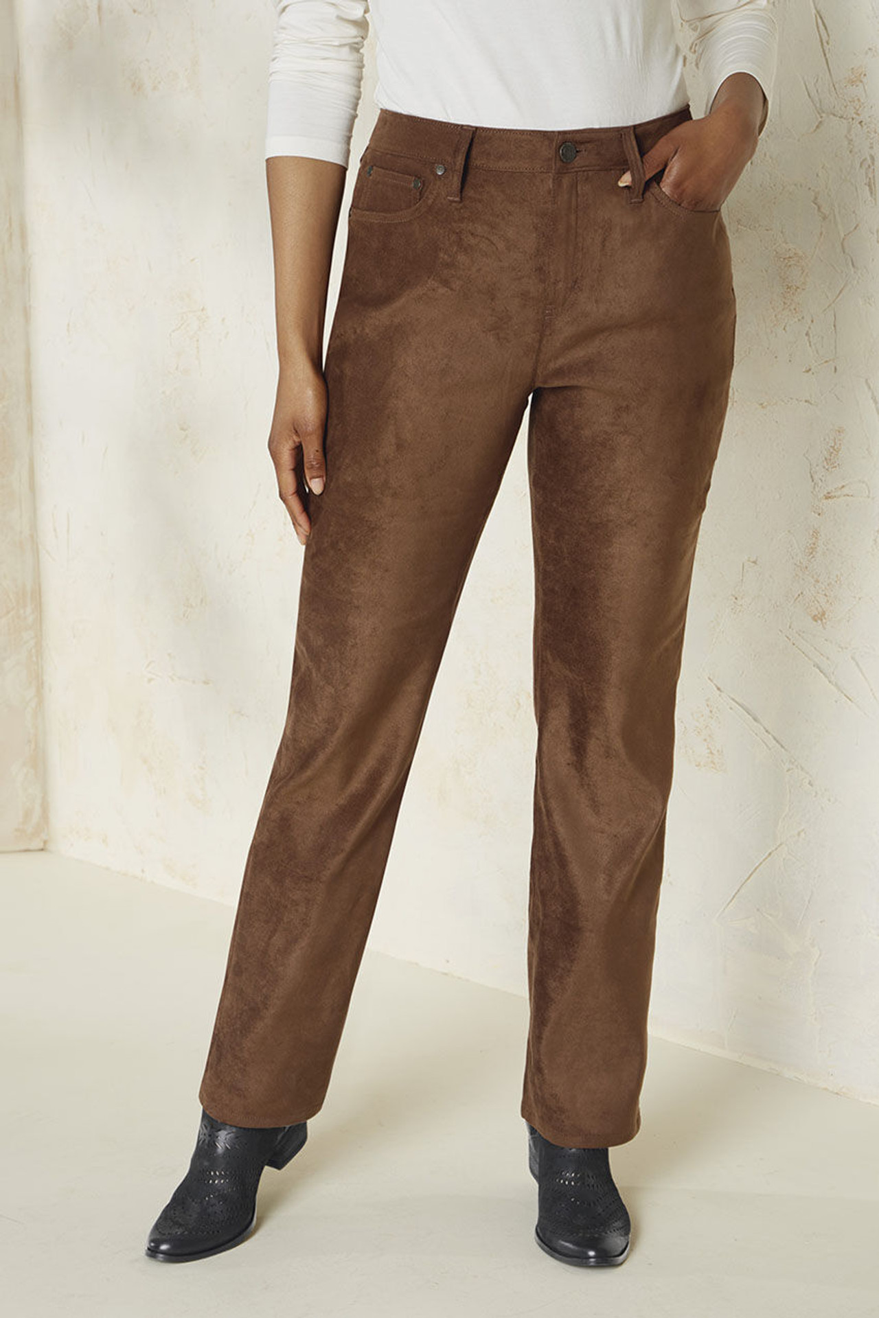 Womens Cognac Brown Straight Leg Leather Pants - High Waist