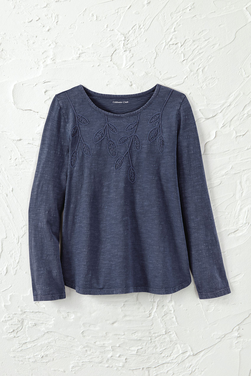 Leaf Embroidered Tee - Coldwater Creek