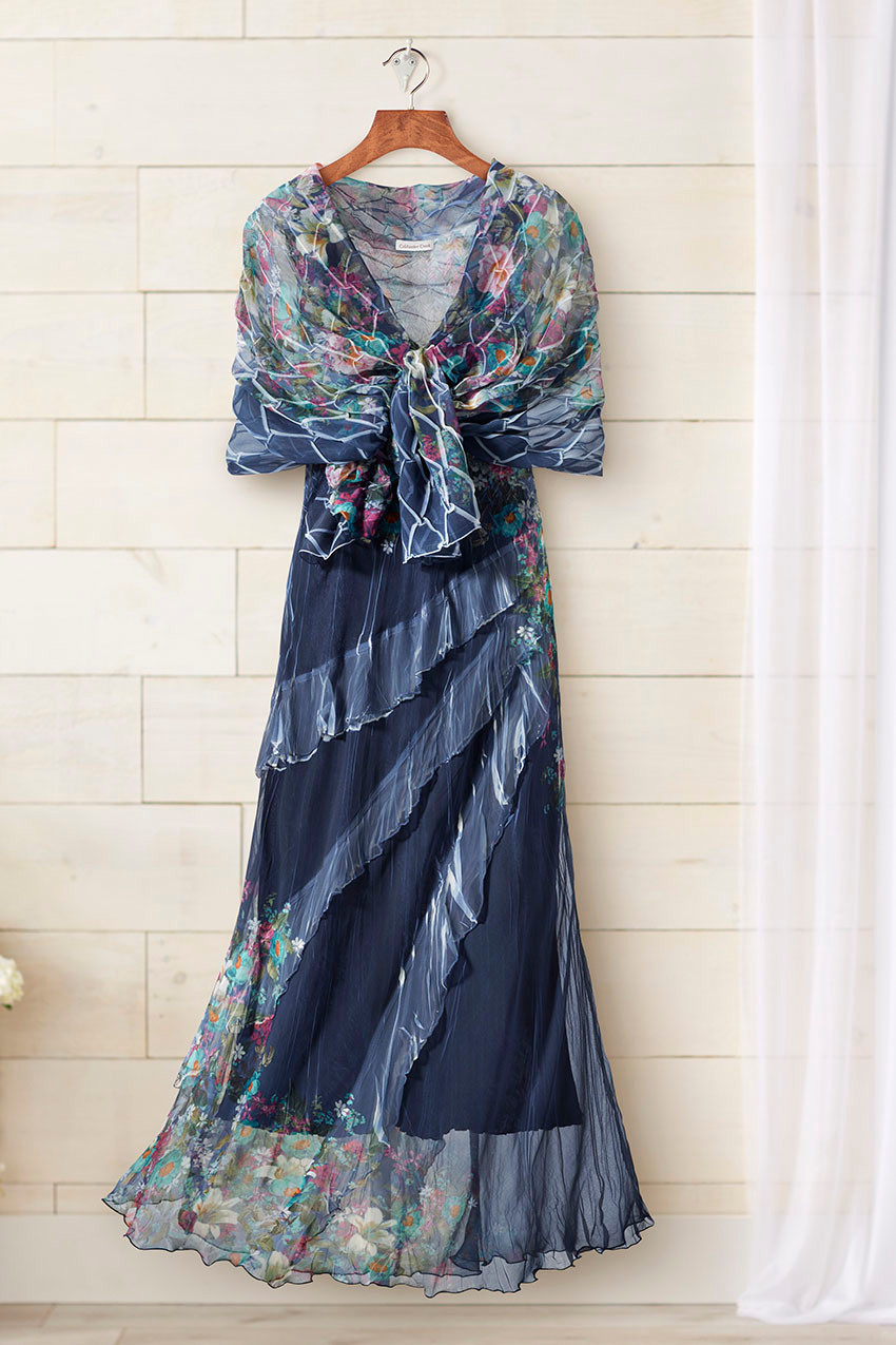 Indigo Meadow Ruffle Dress by Komarov - Navy Multi - PS - Petites