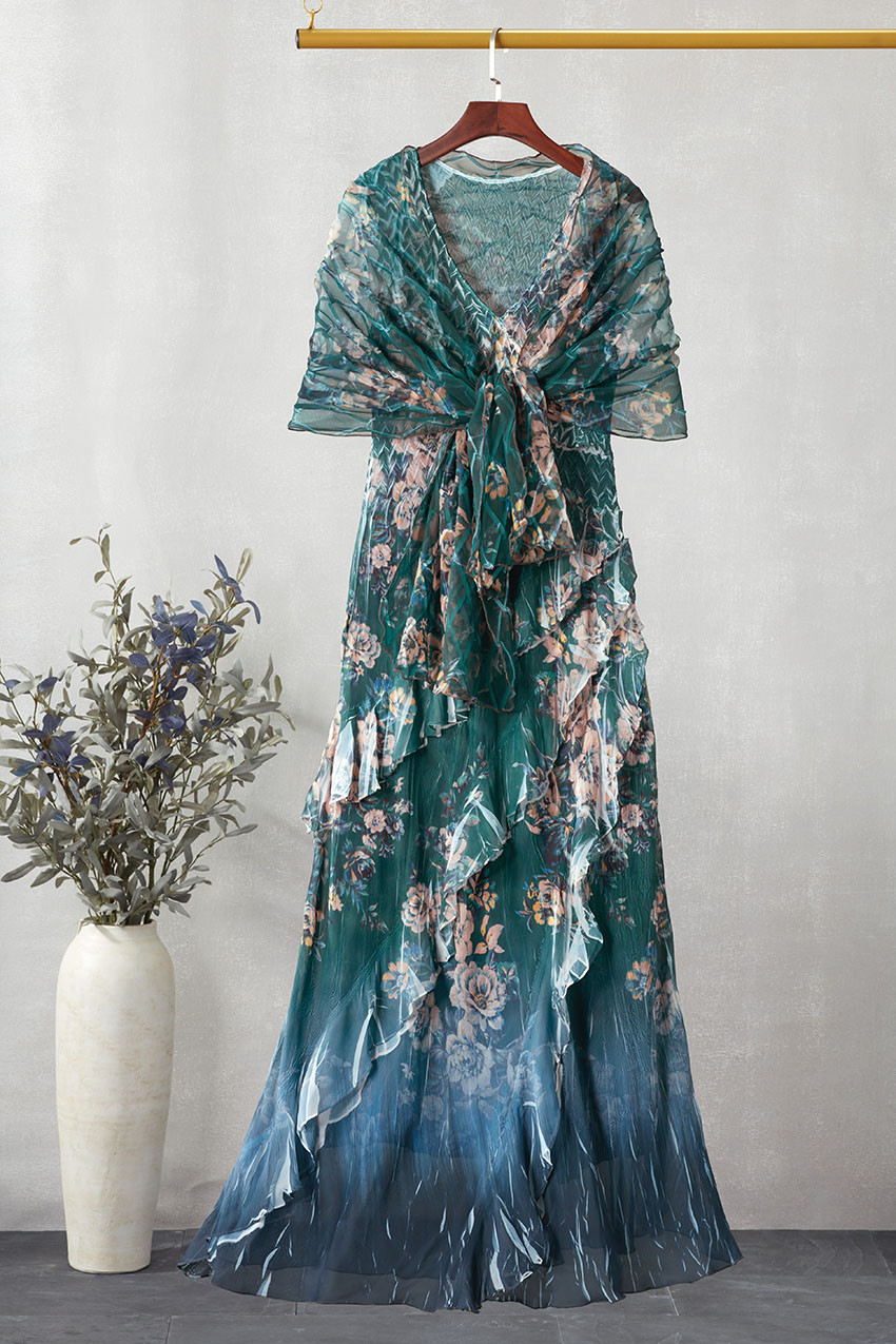 Calypso Border Ruffle Dress by Komarov - Green Multi - 1X - Plus
