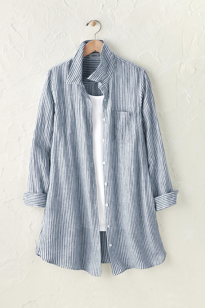 Cross Dyed Striped Linen Tunic Topper - Coldwater Creek
