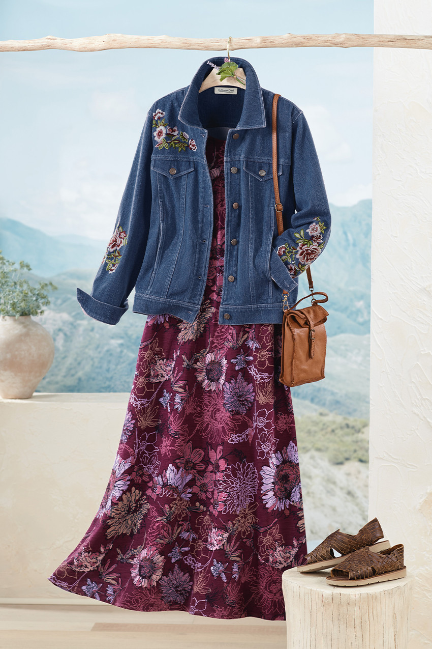 Coldwater Creek 花柄刺繍ジャケット Embroidered Knit Denim Jacket - Coldwater Creek