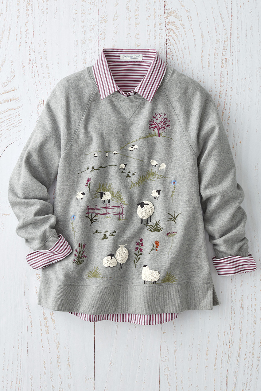 トップス TELMA Embroidered Sweatshirt Mellow Meadows Embroidered Sweatshirt - Coldwater Creek