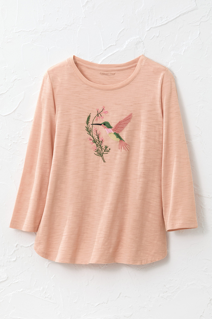 Hummingbird Embroidered Tee - Coldwater Creek