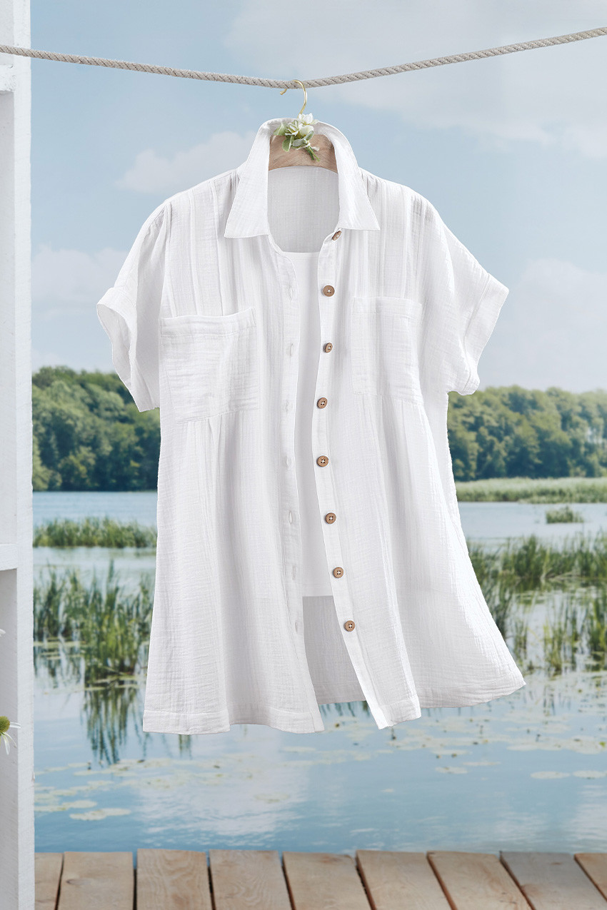 トップス pheeta Jasmin tunic white Pleated Button-Front Gauze Tunic - Coldwater Creek