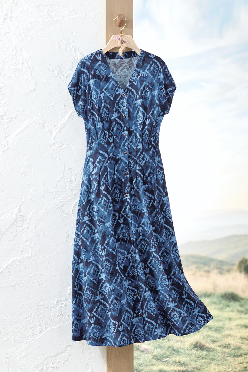 midi block print dress Sail to Sable Tropical Block Print Flutter Strap Smocked Midi Dress Tropical Block Print / M / F25CAB1