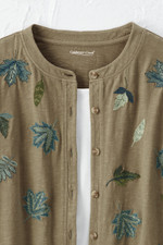 Embroidered Leaves Slub Knit Button Tee