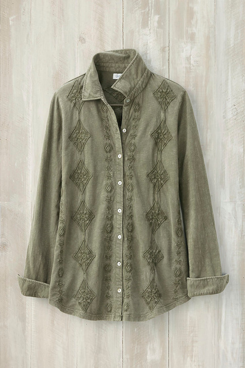 Medallions in Line Button-Front Embroidered Tunic