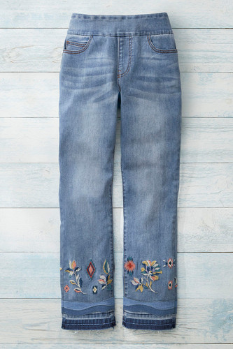 Floral Embroidered Slim Leg Ankle Jeans