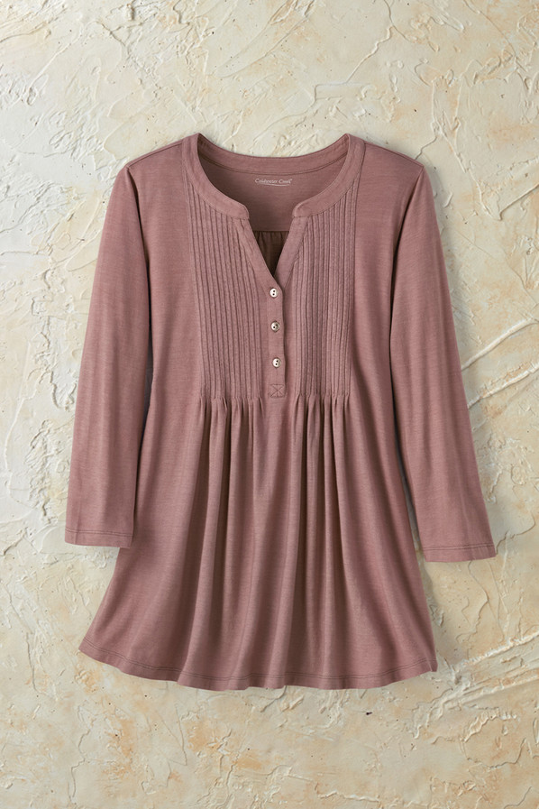 Pintucked Knit Henley A-line Tunic