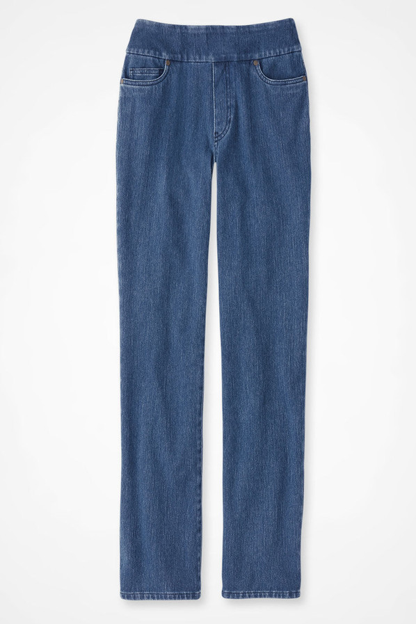 Knit Denim Mid Rise Straight-Leg Jeans