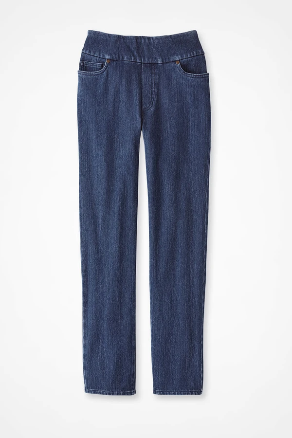 Knit Denim Mid Rise Slim-Leg Ankle Jeans