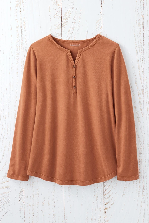 Vintage-Wash Solid Long-Sleeve Henley