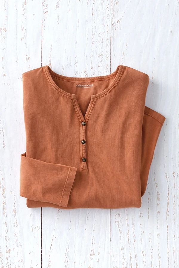 Vintage-Wash Solid Long-Sleeve Henley