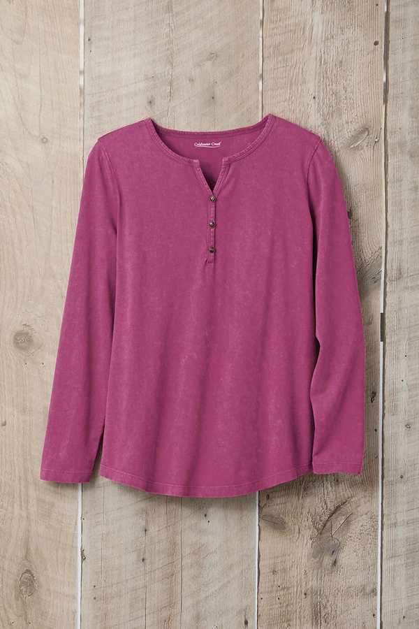 Vintage-Wash Solid Long-Sleeve Henley