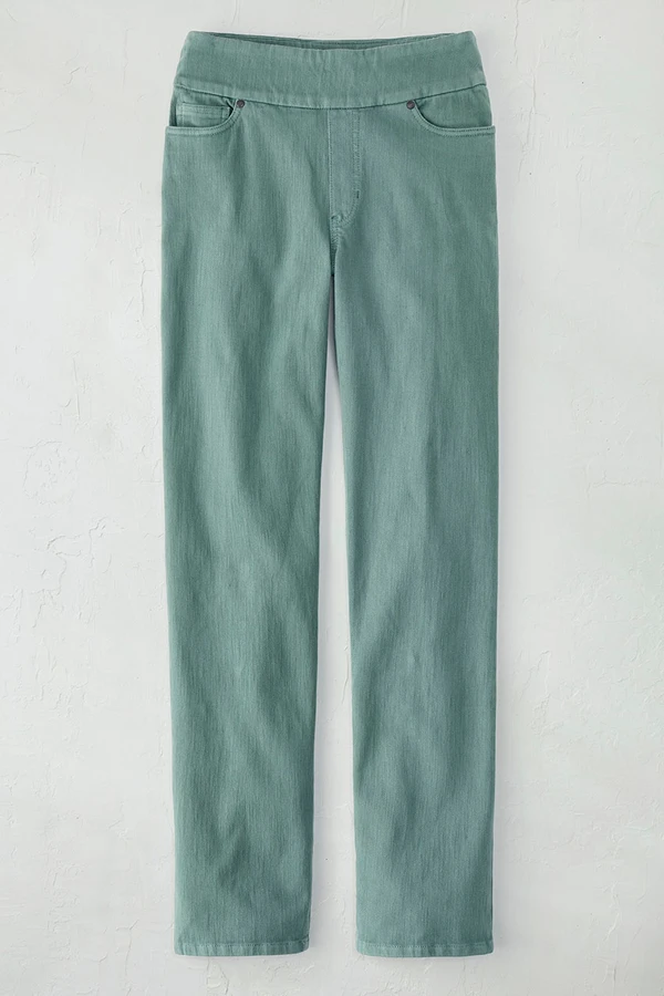 Knit Denim Mid Rise Straight-Leg Jeans
