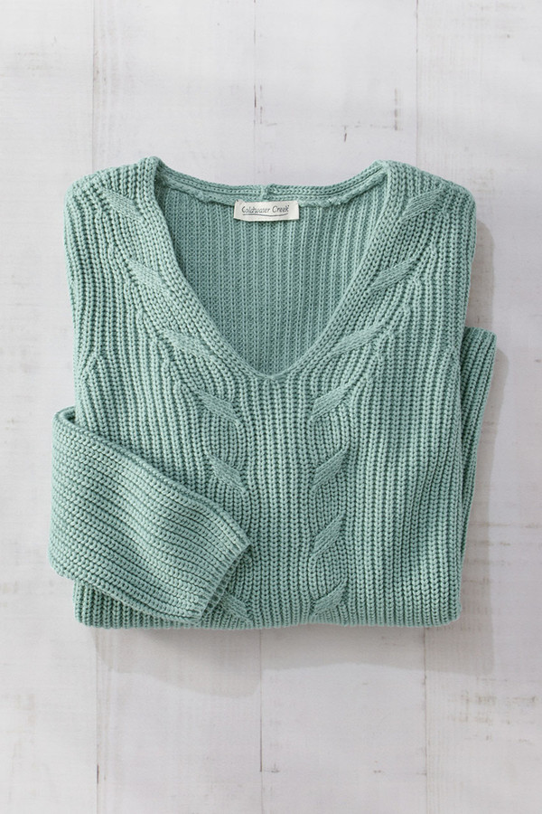 Cabled V-Neck Shaker Sweater - Coldwater Creek