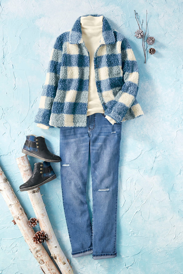 ジャケット・アウター Andequal checked over jacket blue Sherpa Plaid Jacket - Coldwater Creek
