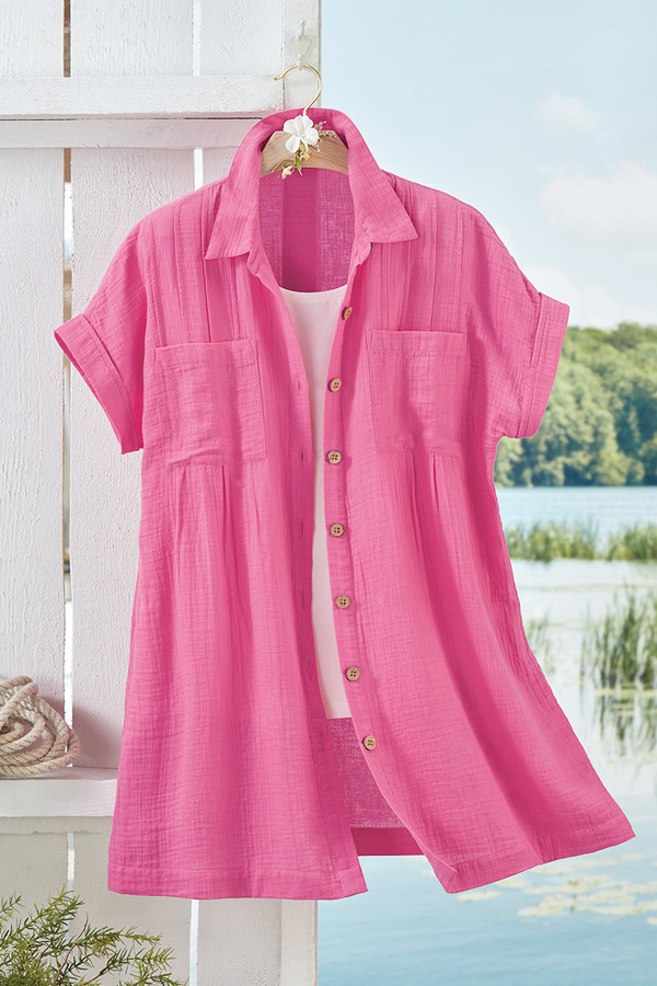 Pleated Button-Front Gauze Tunic - Coldwater Creek