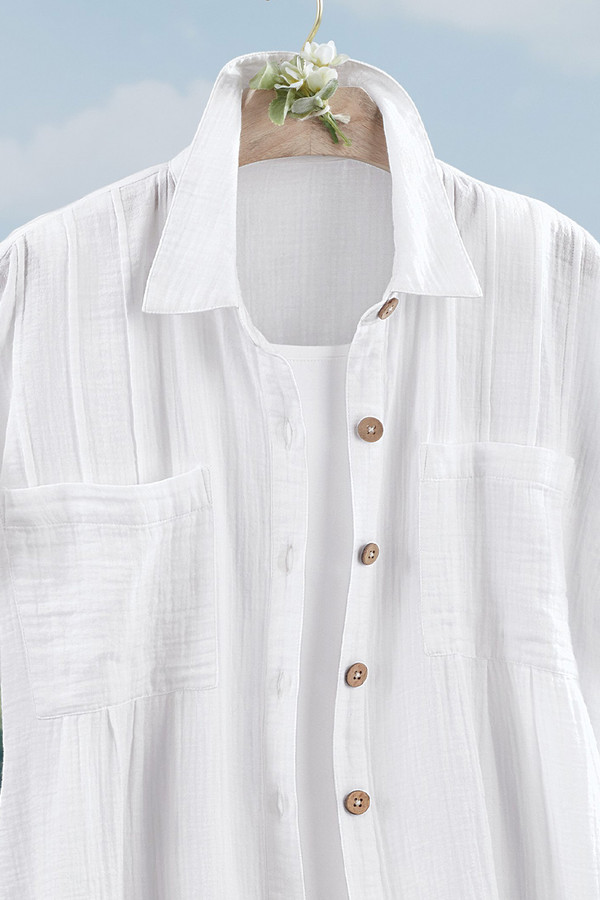 Pleated Button-Front Gauze Long Tunic - Coldwater Creek