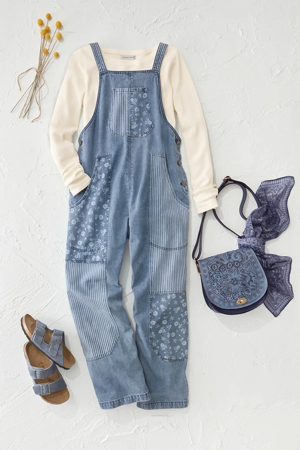 Mix Print Denim Overalls