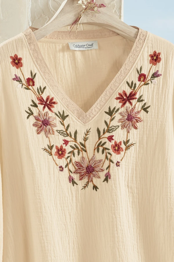 Floral Embroidered Gauze Blouse