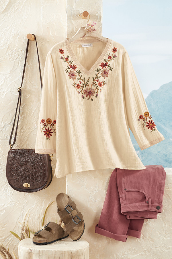 Floral Embroidered Gauze Blouse