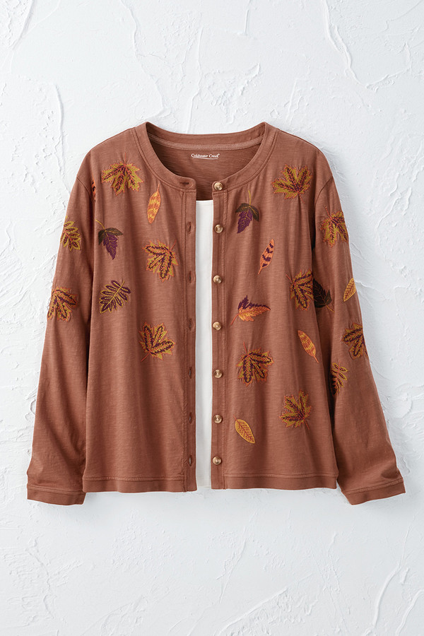 Embroidered Leaves Slub Knit Button Tee