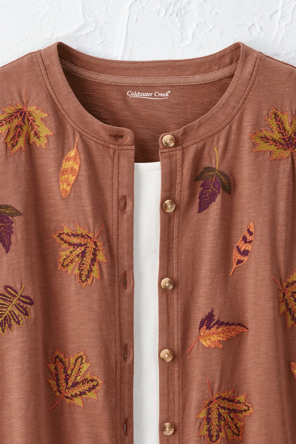 Embroidered Leaves Slub Knit Button Tee