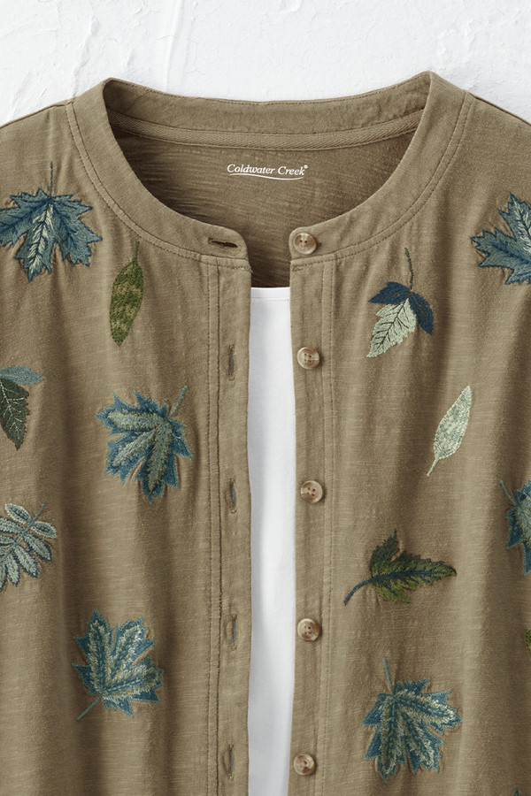 Embroidered Leaves Slub Knit Button Tee