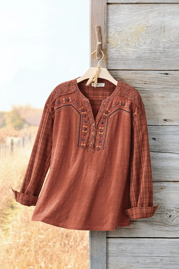 Plaid & Petals Embroidered Top