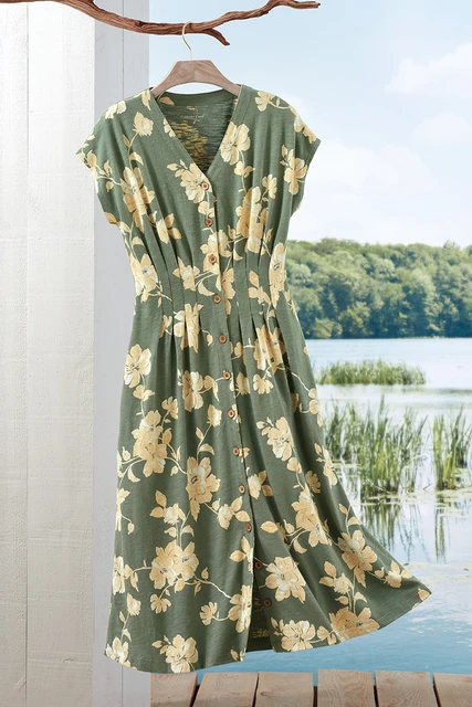 Button-Front Floral Knit Dress - Ivy Leaf Multi - M