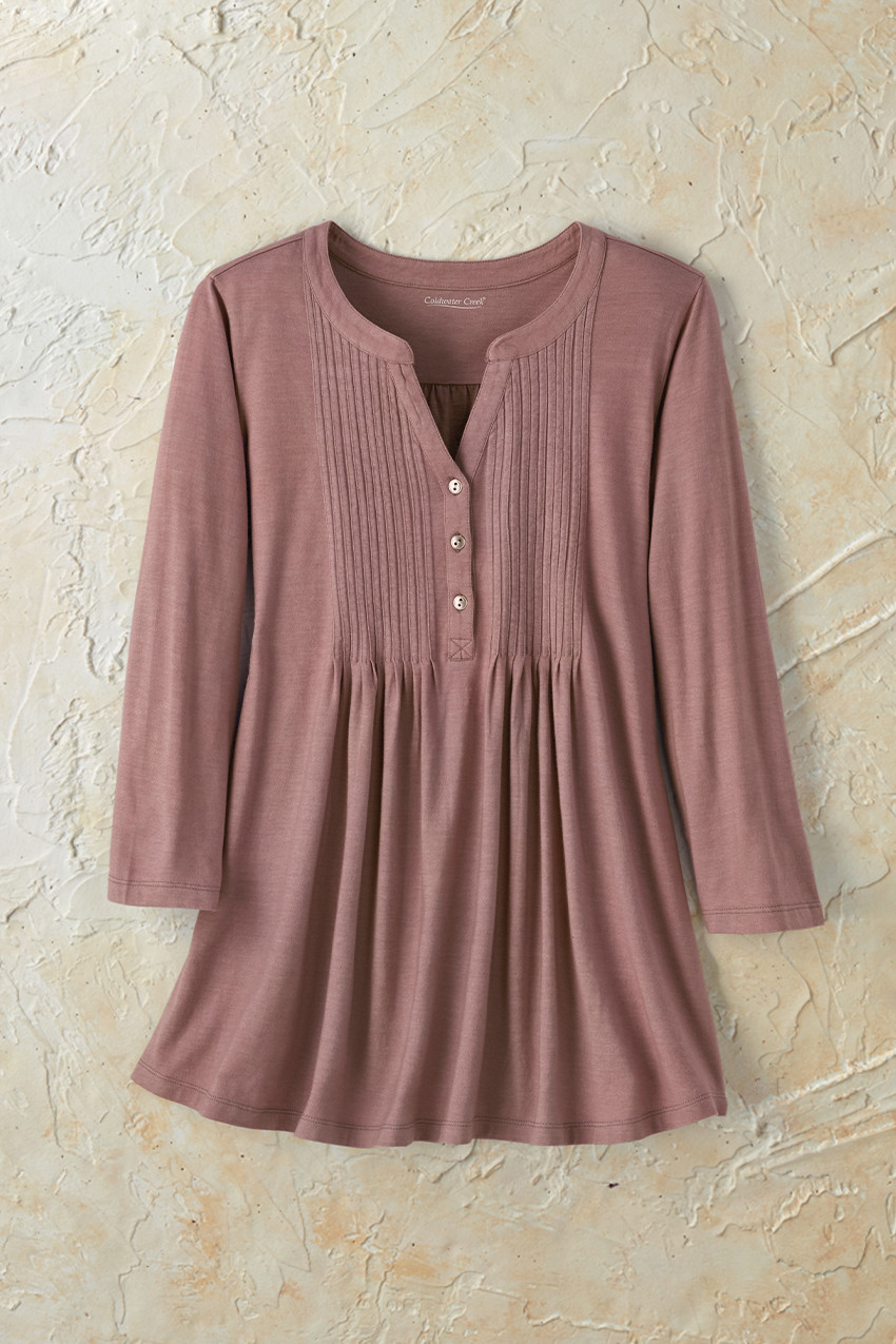 Pintucked Knit Henley A-line Tunic