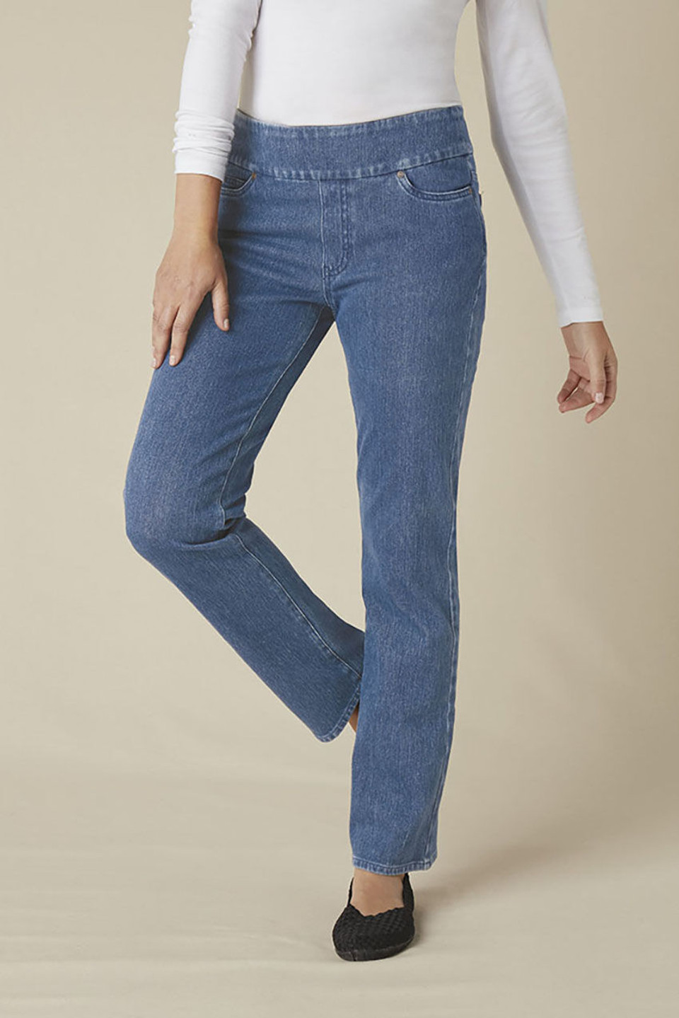 Knit Denim Mid Rise Straight-Leg Jeans