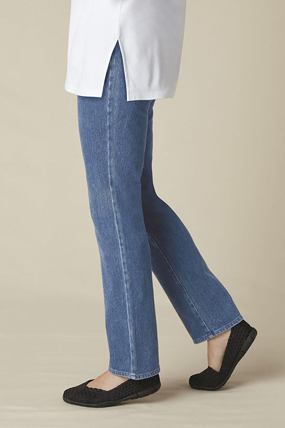 Knit Denim Mid Rise Straight-Leg Jeans