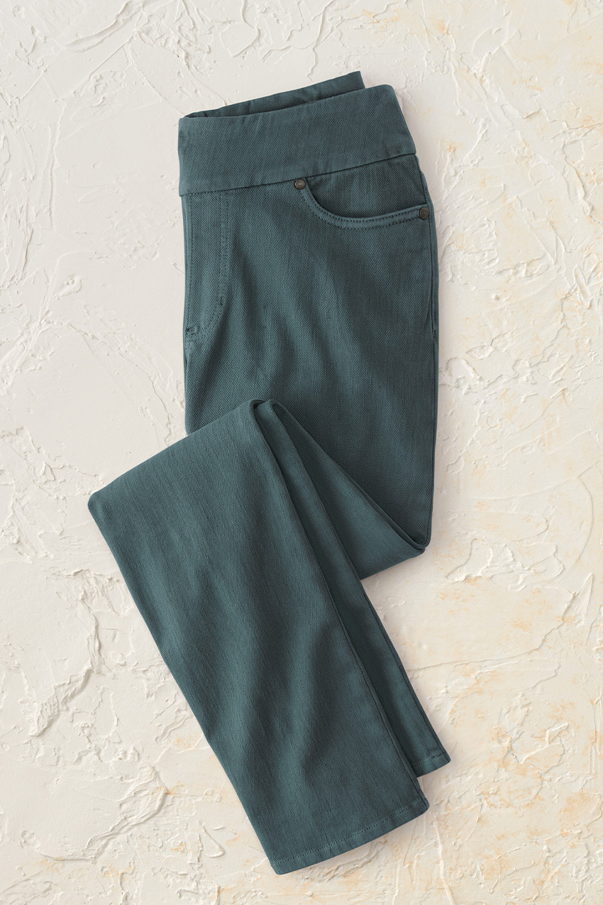 Knit Denim Mid Rise Straight-Leg Jeans