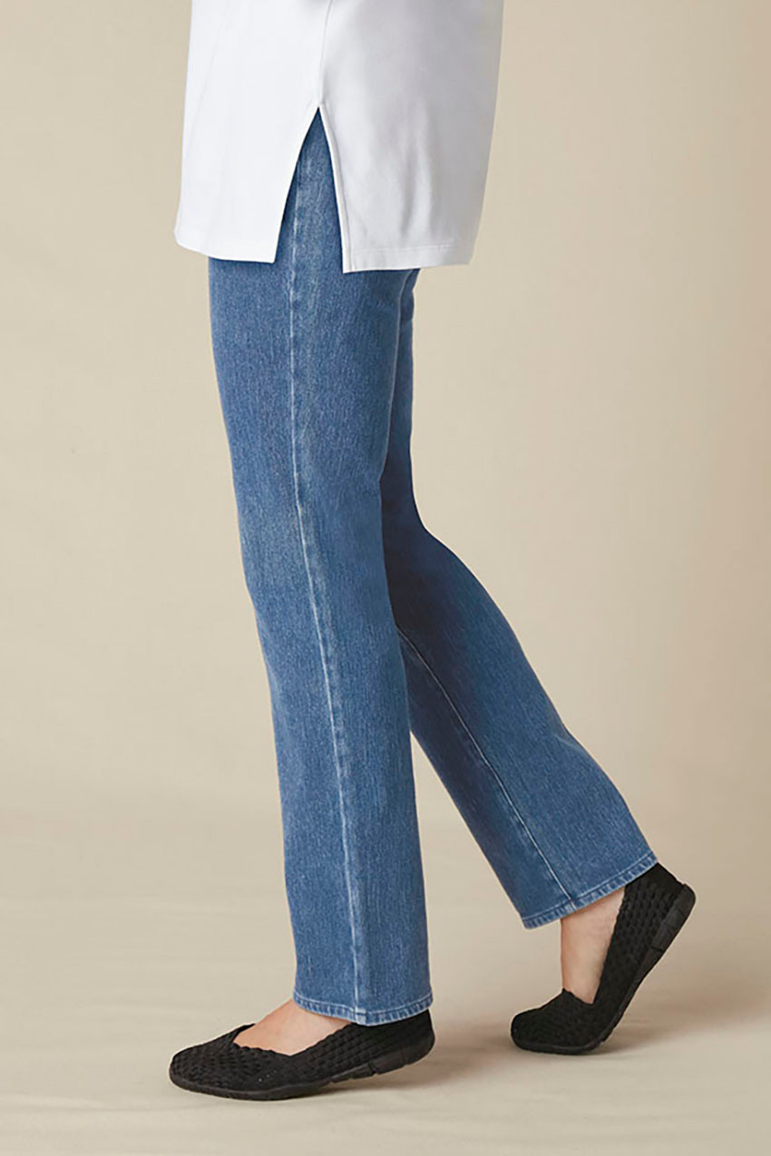 Knit Denim Mid Rise Straight-Leg Jeans