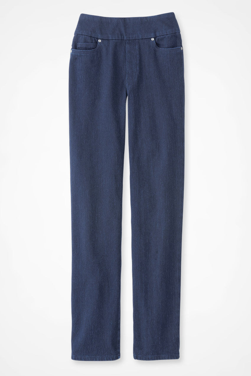 Knit Denim Mid Rise Straight-Leg Jeans
