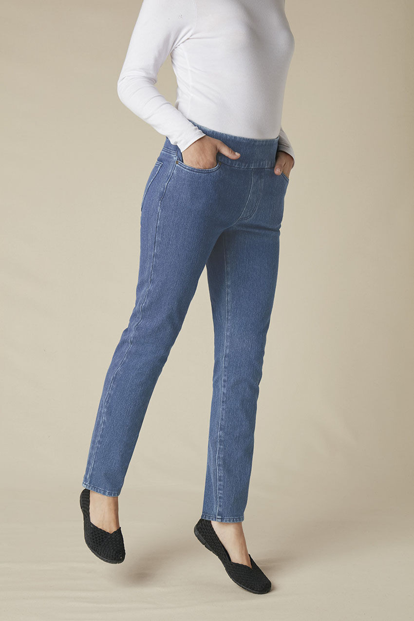 Knit Denim Mid Rise Slim-Leg Jeans