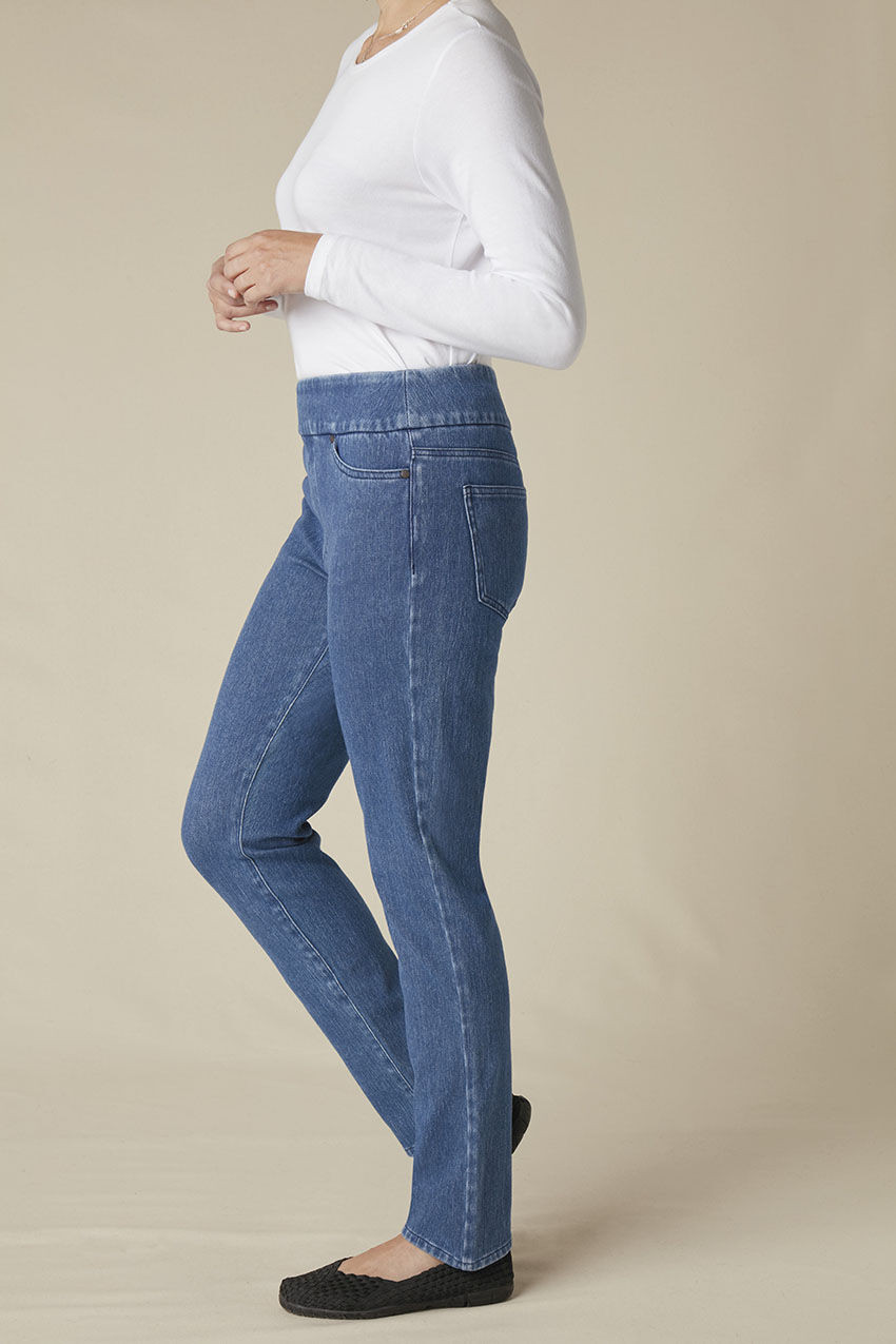 Knit Denim Mid Rise Slim-Leg Jeans