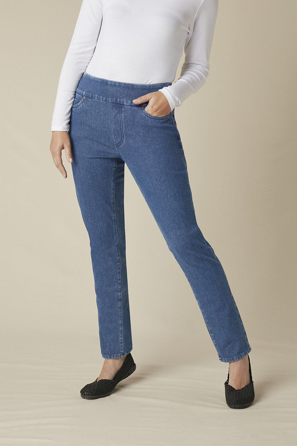 Knit Denim Mid Rise Slim-Leg Jeans