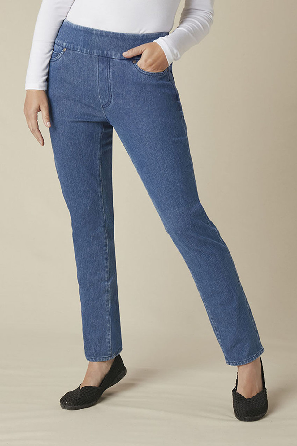 Knit Denim Mid Rise Slim-Leg Jeans