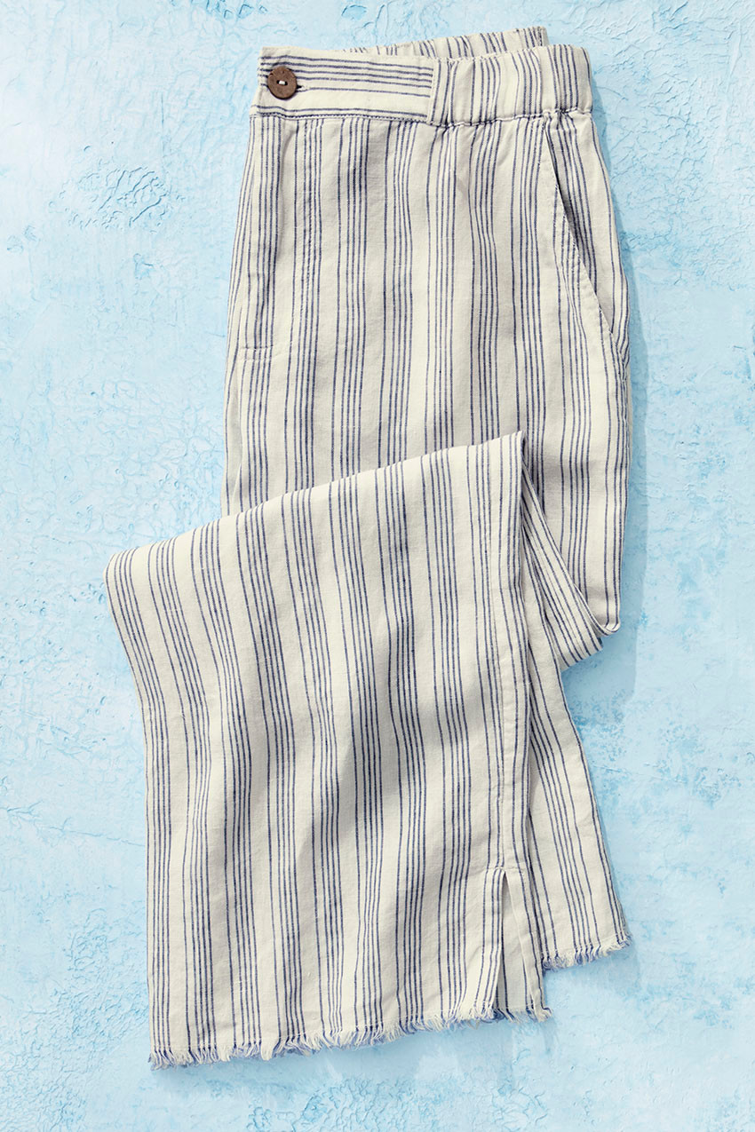 Frayed Hem Striped Linen Crop Pants