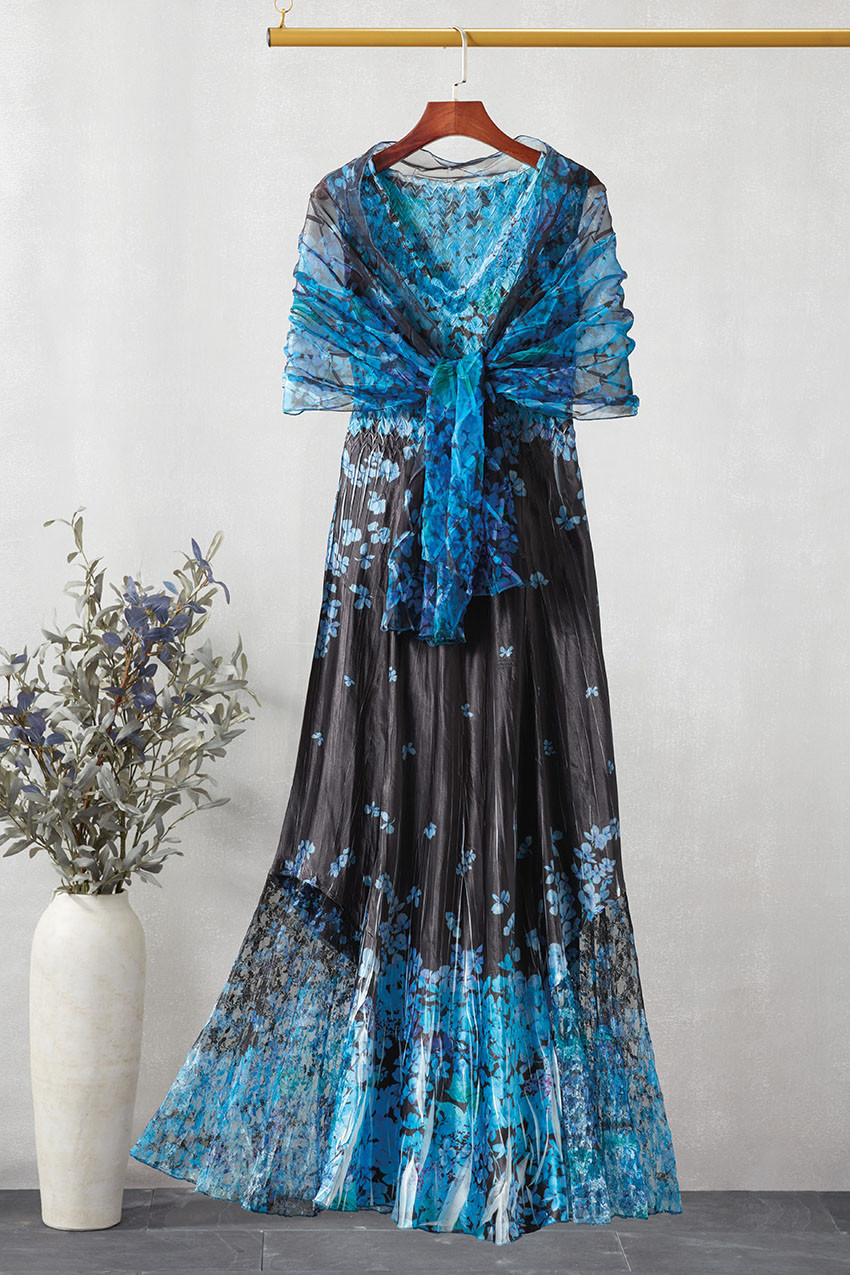 Blue Hydrangea Charmeuse Dress by Komarov