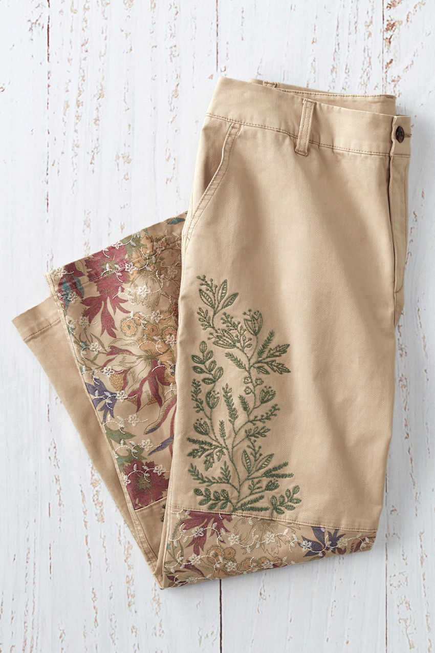 Floral Embroidered Chino Crops