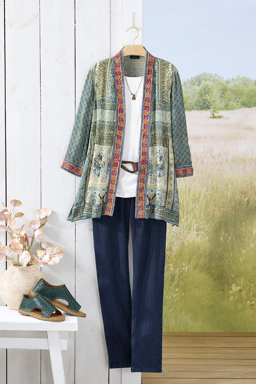 Embroidered Patchwork Print Topper