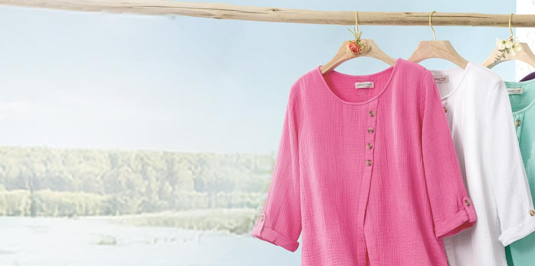 Model wearing lightweight gauze clothing in a relaxed, airy style