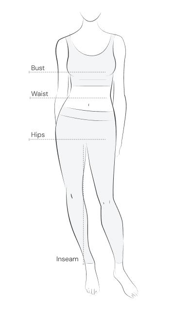 Diagram of a body showing where to measure: bust (fullest part of chest), natural waist (narrowest part), and hips (fullest part)