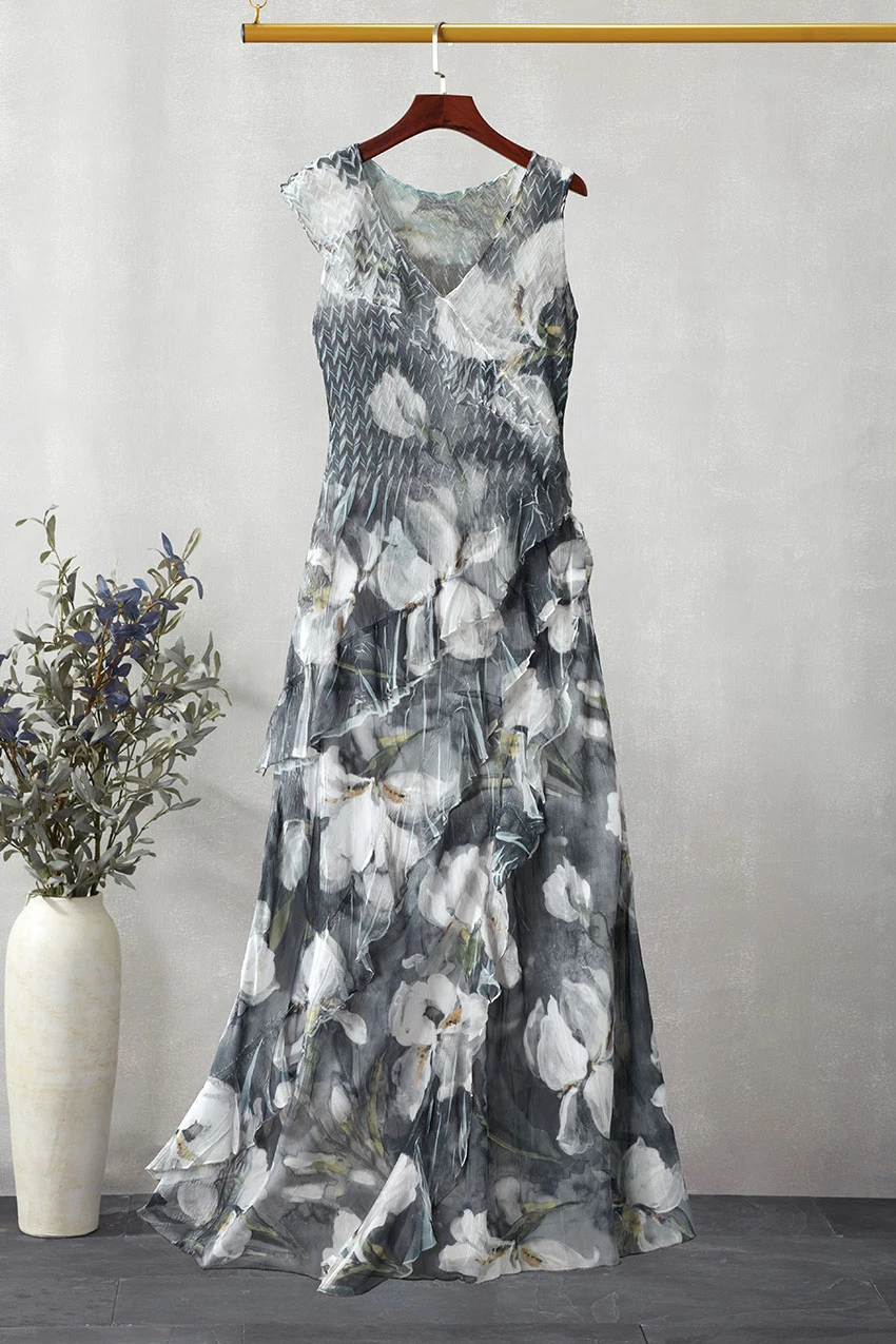 Midnight Magnolia Ruffle Dress by Komarov - Grey Multi - M - Regular